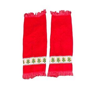 Set of 2 Vintage Fieldcrest Christmas Hand Towels Set Red Trees Holiday Decor